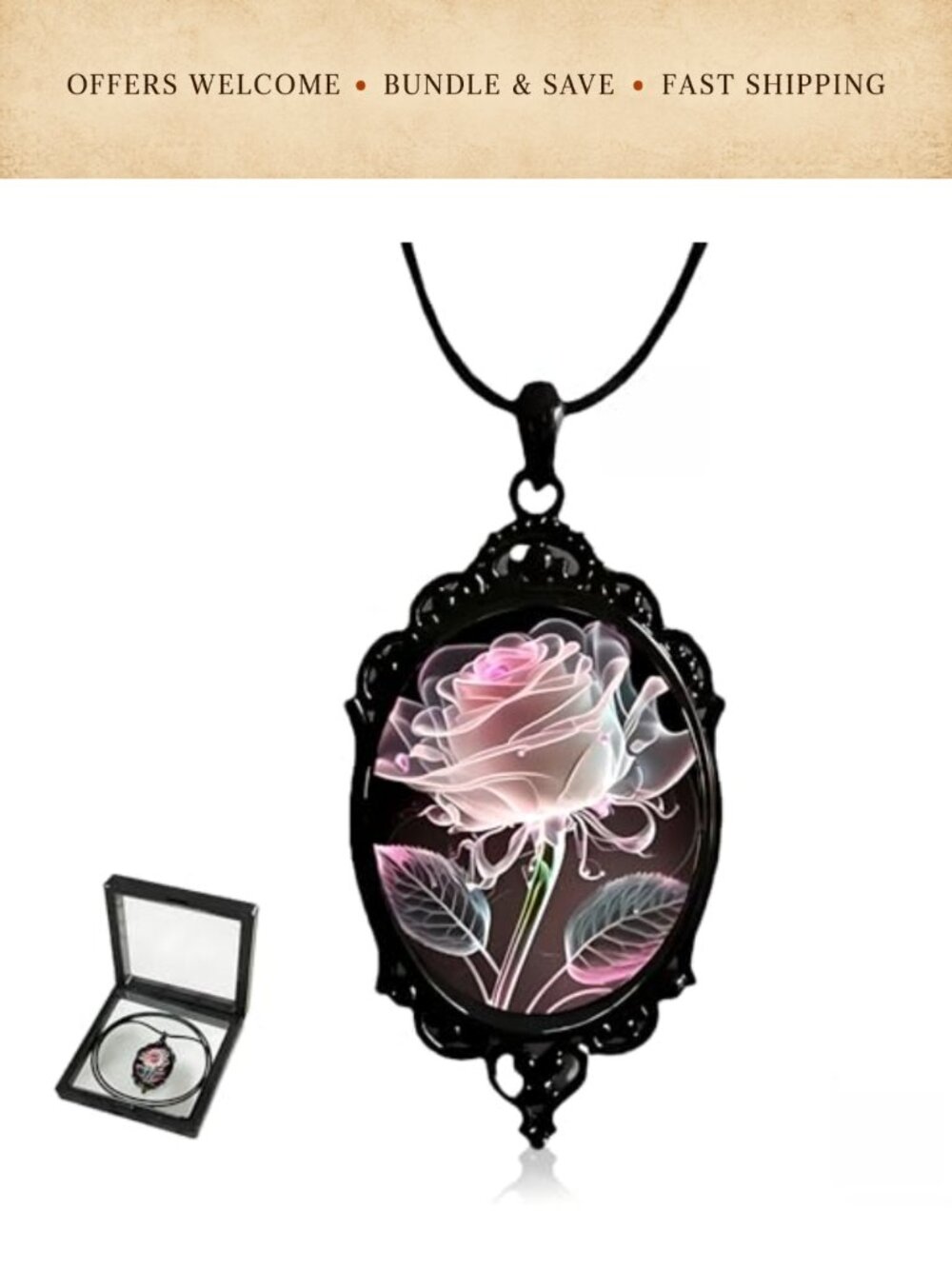 Gothic Black Gem Pendant Necklace Antique Silver Tone Dark Style Jewelry